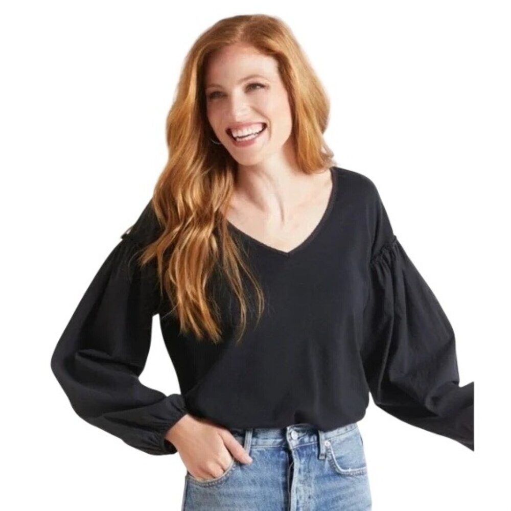 Red Haute X Evereve Poplin Mix Sweatshirt Size Small V Neck Long Sleeve Top Pima
